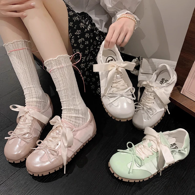蝴蝶结软底德训鞋女粉色芭蕾舞鞋2024夏季新款休闲百搭运动小白鞋