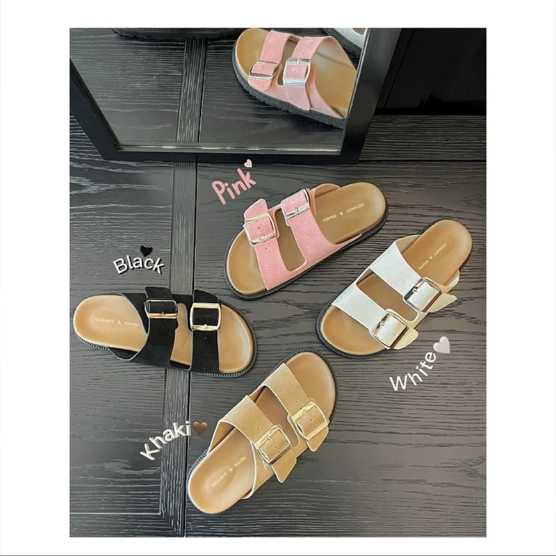 复古双皮带扣厚底舒适一字拖鞋2024夏季新款沙滩百搭勃肯鞋凉拖鞋