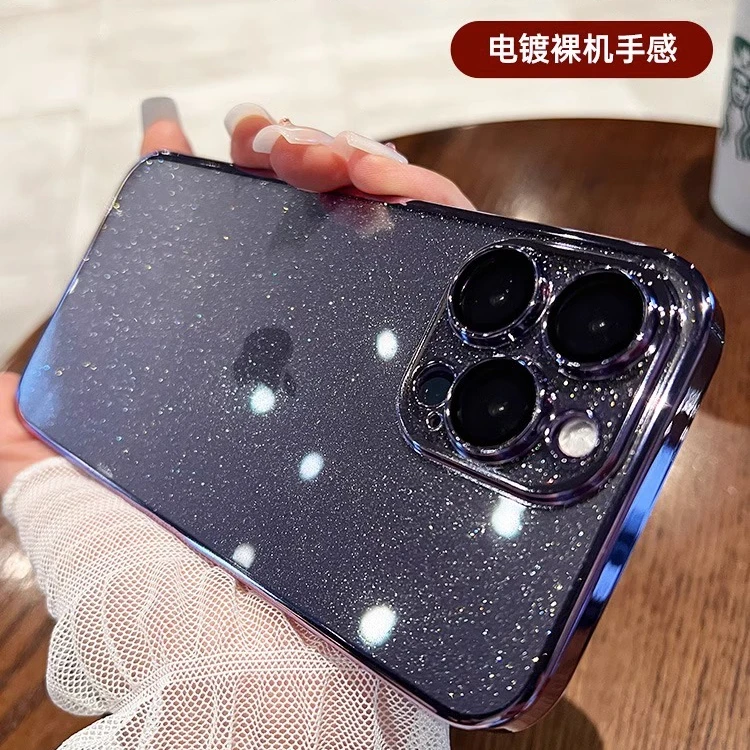 适用苹果16ProMax星空闪粉手机壳15Plus简约14镜头膜透明保护套13