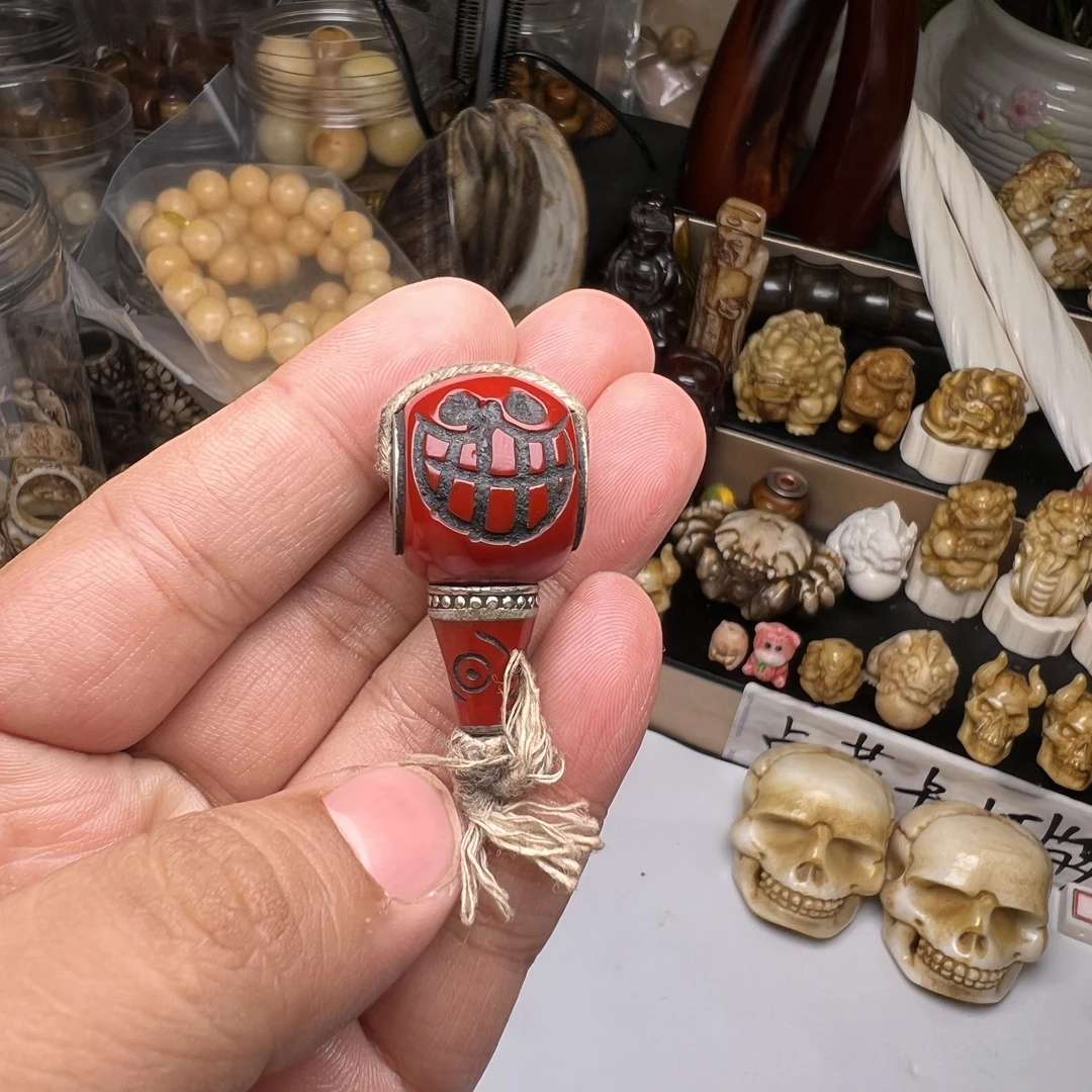 藏传回流老料器双面雕刻阿呆三通 尺寸20左右