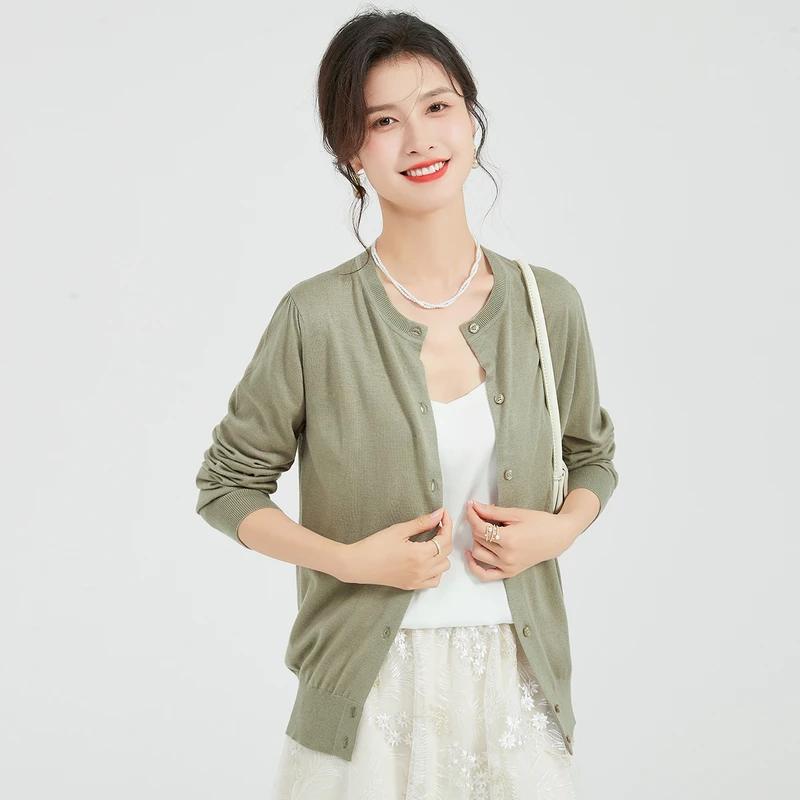 【基础开衫外套】纯色圆领含桑蚕丝羊绒新款女式针织衫W8382102