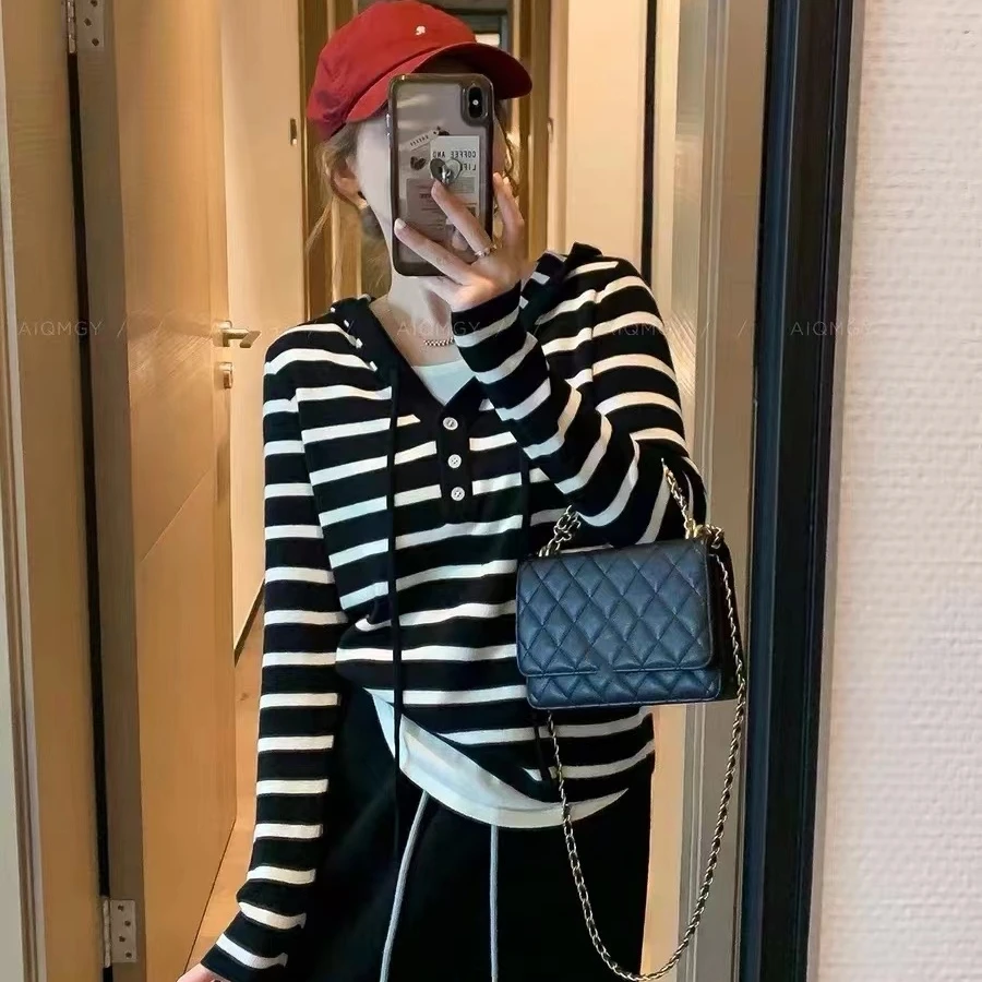 条纹假两件抽绳连帽百搭显瘦针织帽衫