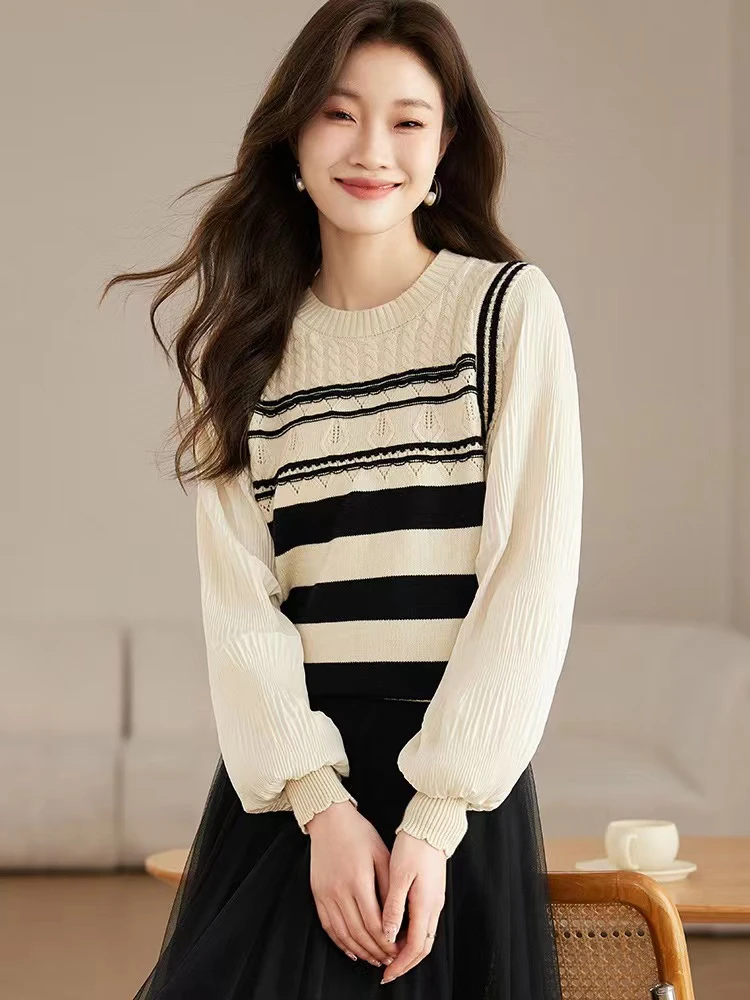#086气质圆领假两件条纹针织衫