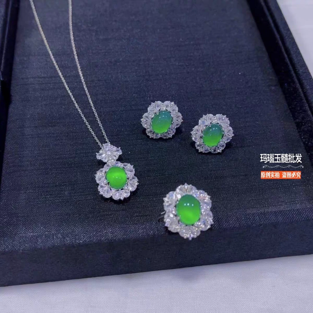 珠宝玉石满绿玉吊坠玉戒指豪华镶嵌真玉石吊坠三件套吊坠赠链