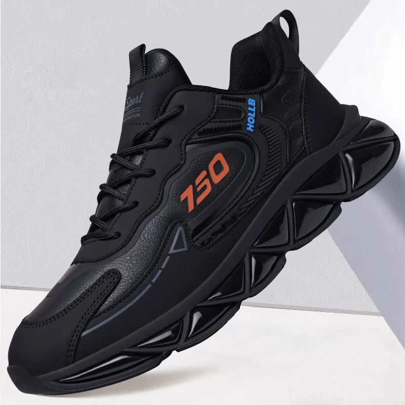 优乐道男鞋2024春季新款老爹鞋皮面防滑软底黑色休闲运动鞋子男