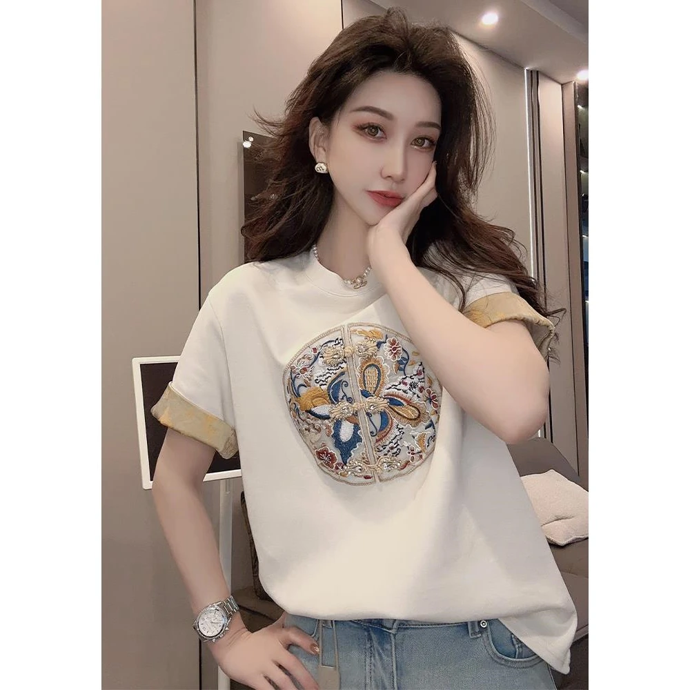 新中式女装国风白色盘扣刺绣短袖t恤小众不撞款上衣2025早春新款