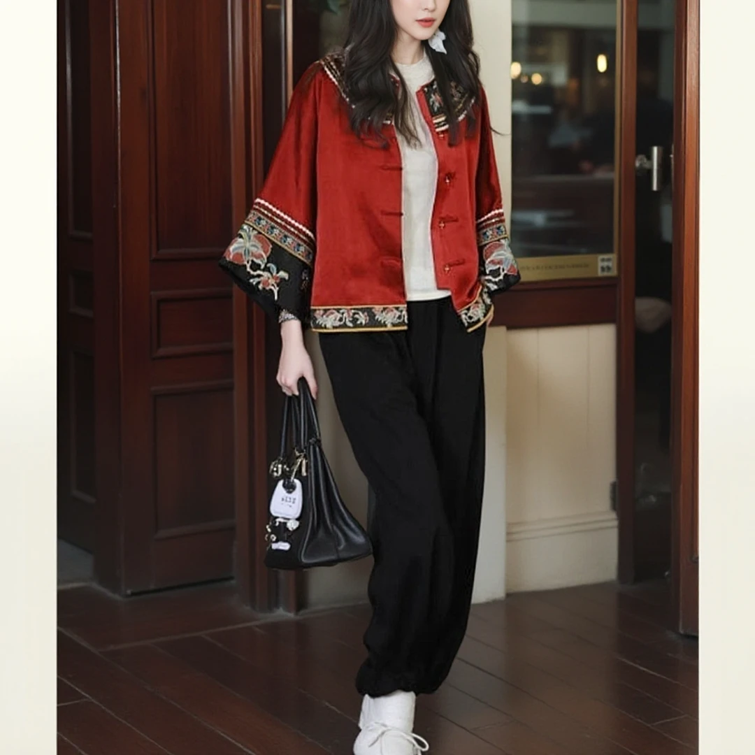 2024新款早秋新中式穿搭独特别致上衣禅意国风红色刺绣唐装外套女