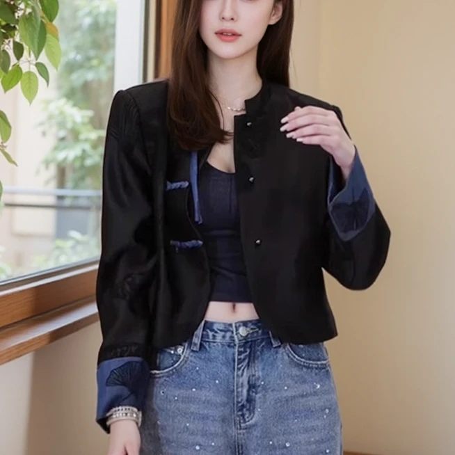 新中式女装国风高级感超好看独特小香风黑色唐装短款外套2024春季
