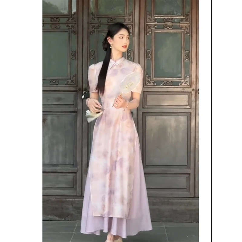 国风新中式改良旗袍裙女夏气质新款高腰显瘦复古连衣裙莫奈花园风