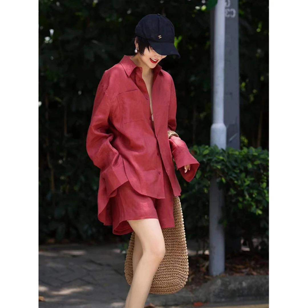 小个子显高时尚冷淡风高级感红色衬衫短裤两件套装女2025夏季新款