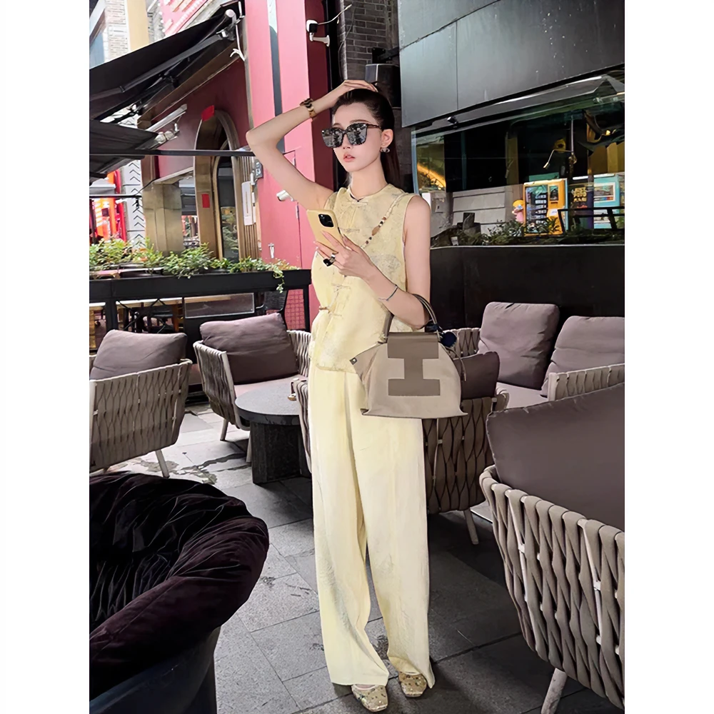 新中式国风女装中国风高端2025新款名媛气质盘扣上衣马甲套装裤夏