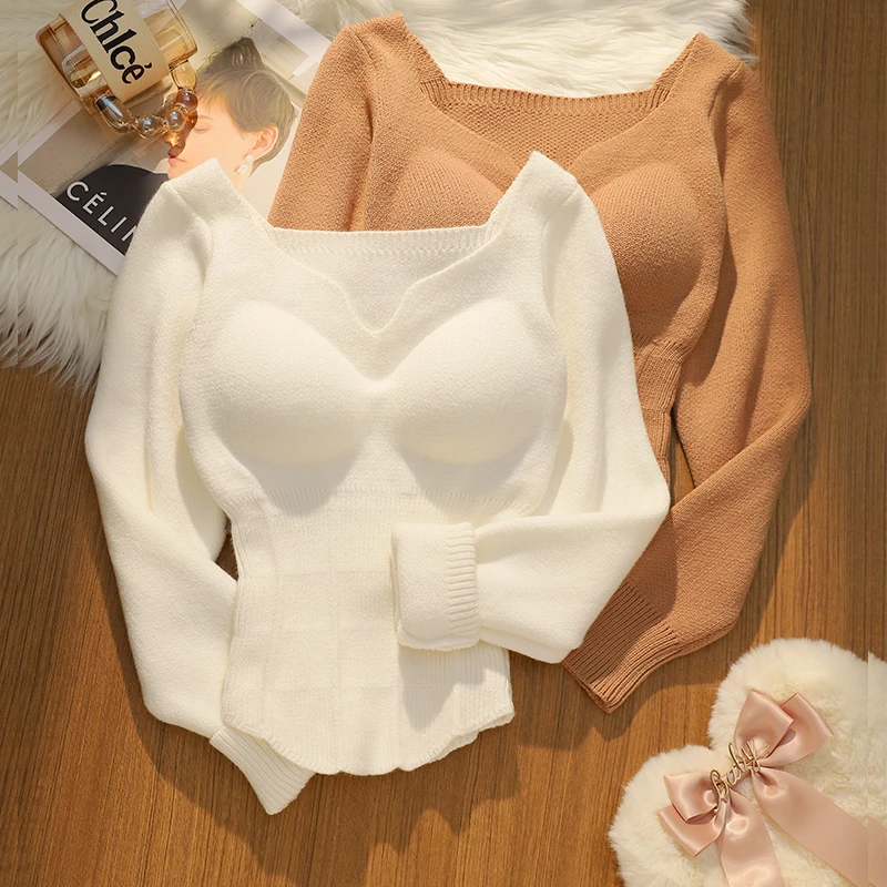 打底保暖内衣女加厚加绒带胸垫低领针织防寒衣衫收腰显瘦上衣冬季