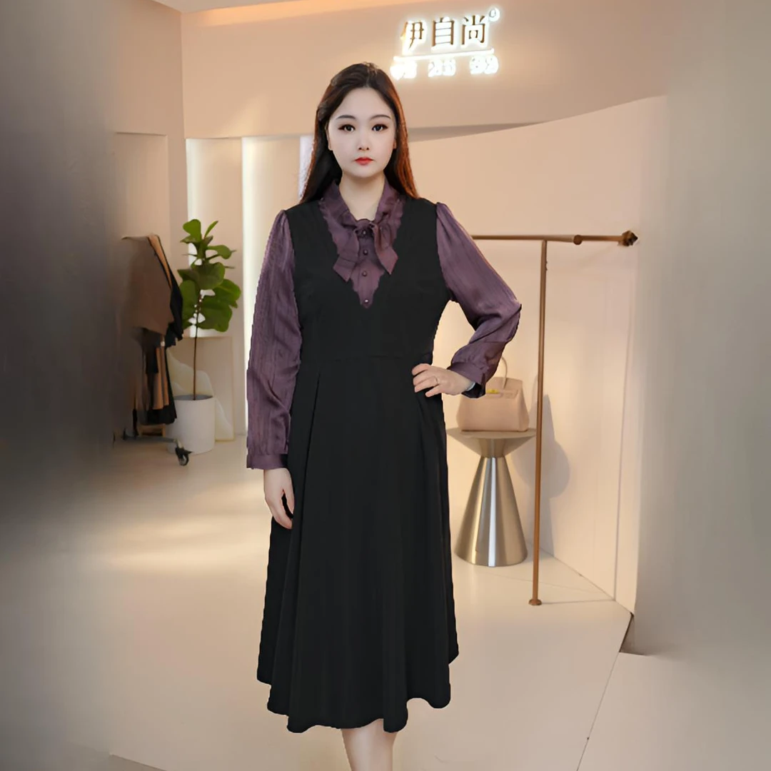 伊自尚【香榭丽舍】大码女装设计师显瘦拼接A字长袖连衣裙13661