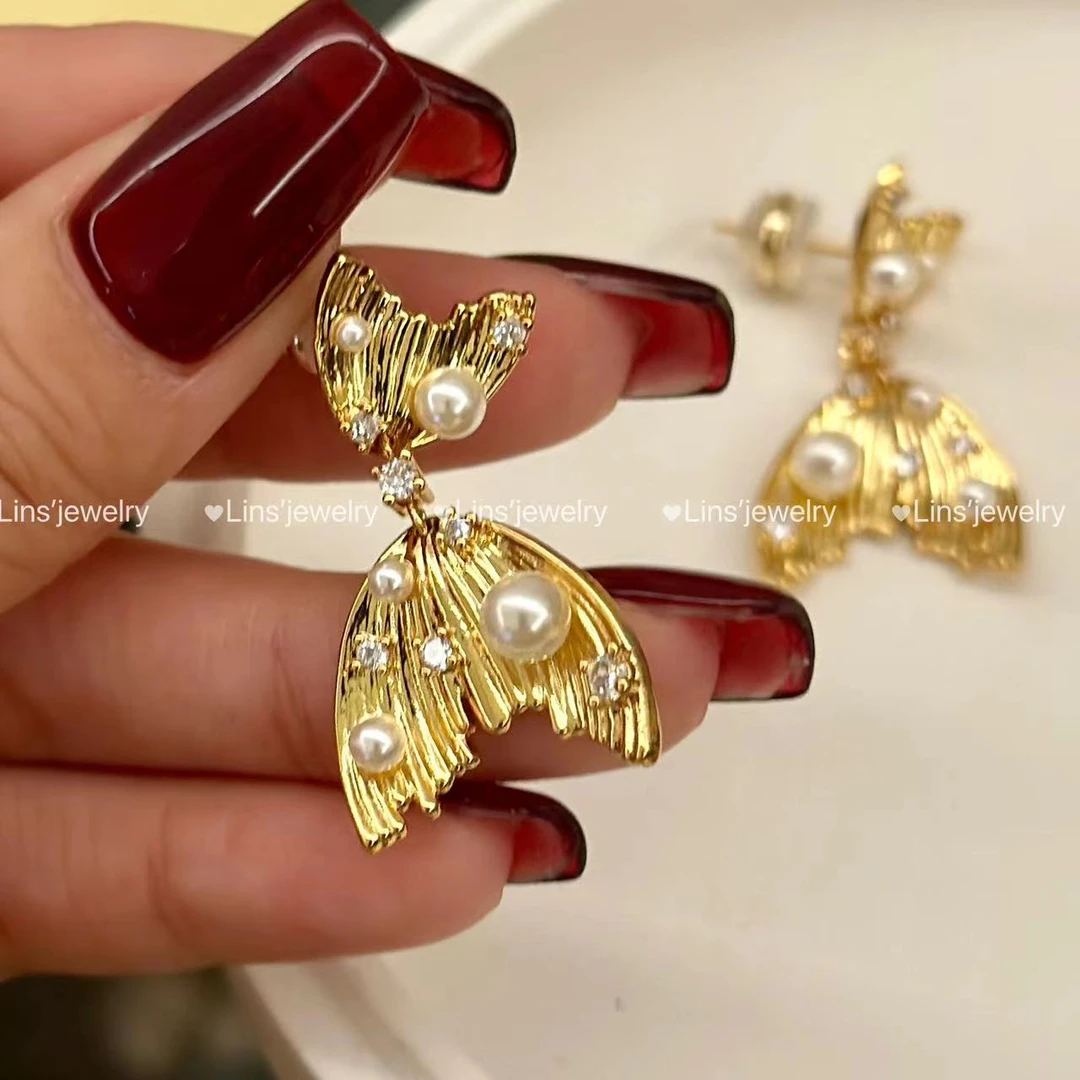 铜合金耳饰 人鱼尾珠珠耳钉~轻奢气质时尚小众中古优雅设计感耳钉