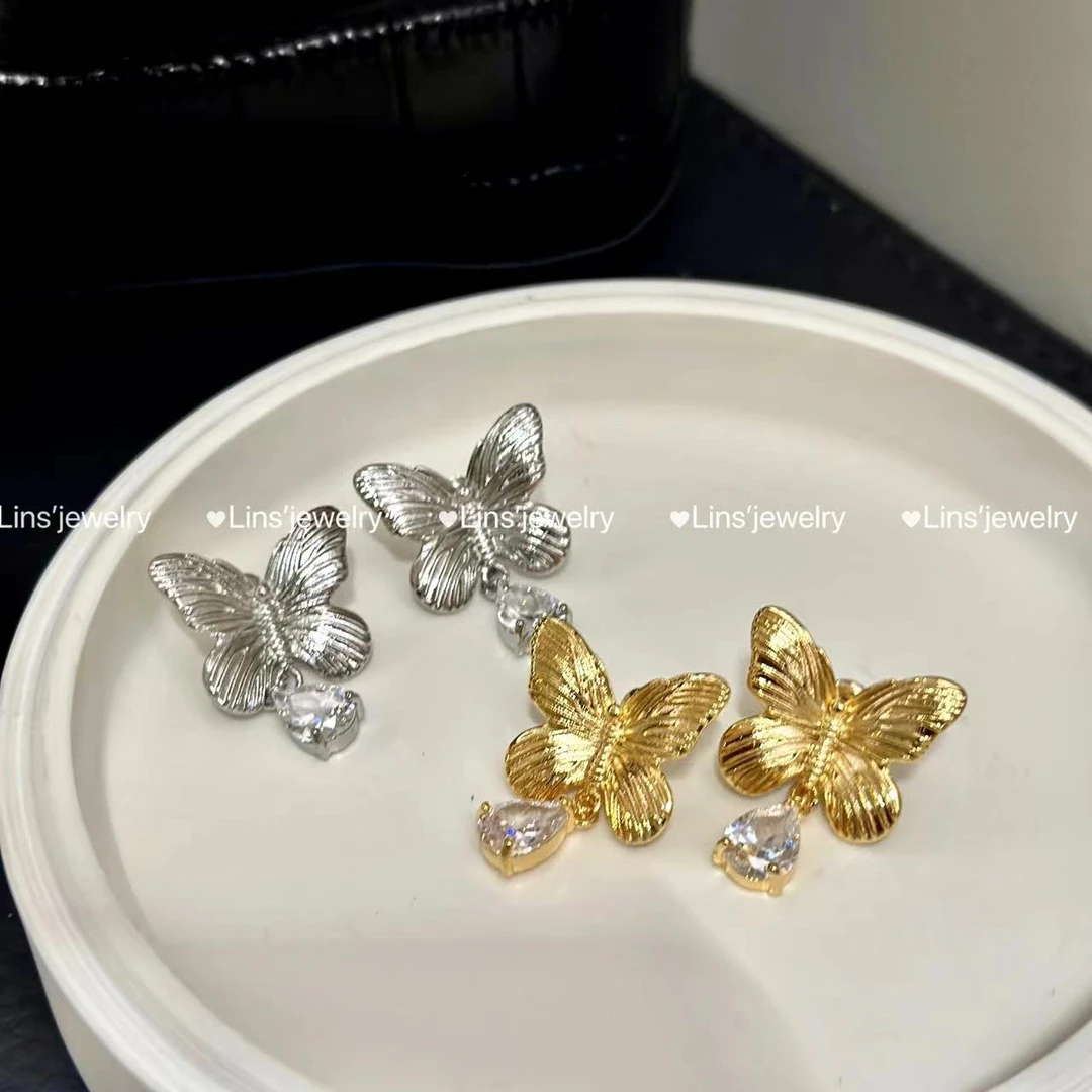 铜合金耳饰 金银大蝴蝶~气质法式轻奢精致高级感耳钉