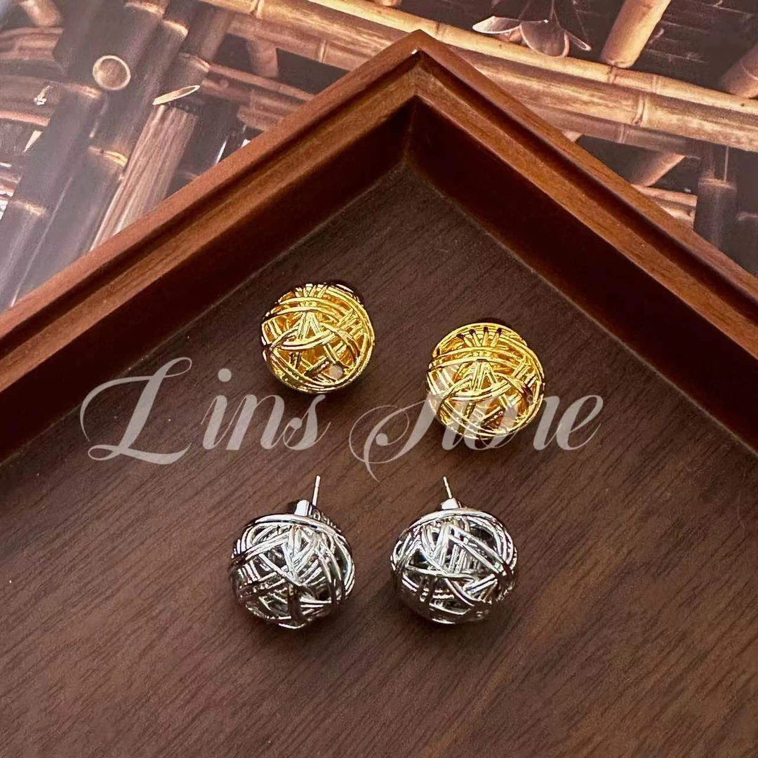 铜合金耳饰 高级感罗家金银编织耳钉复古欧美圆形小众大pai~耳饰