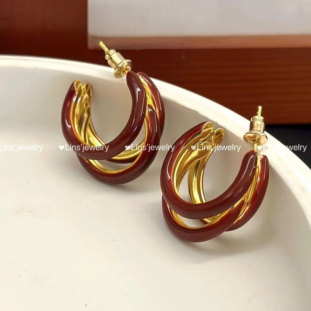 铜合金耳饰 三层经典酒红色珐琅滴釉C圈~气质时尚简约百搭耳钉