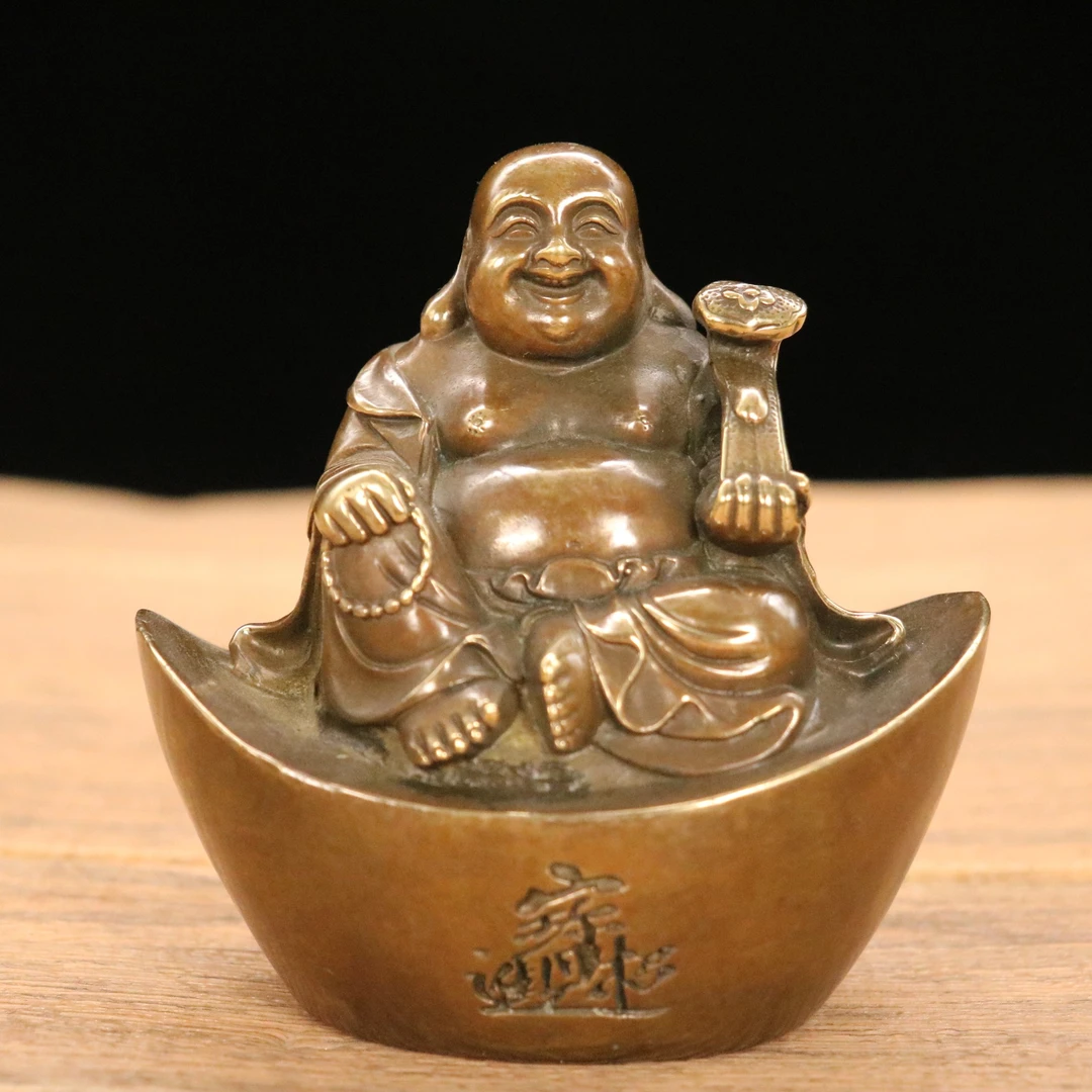 复古包浆乾隆年制黄铜招财元宝弥勒佛像摆件老铜器家居装饰