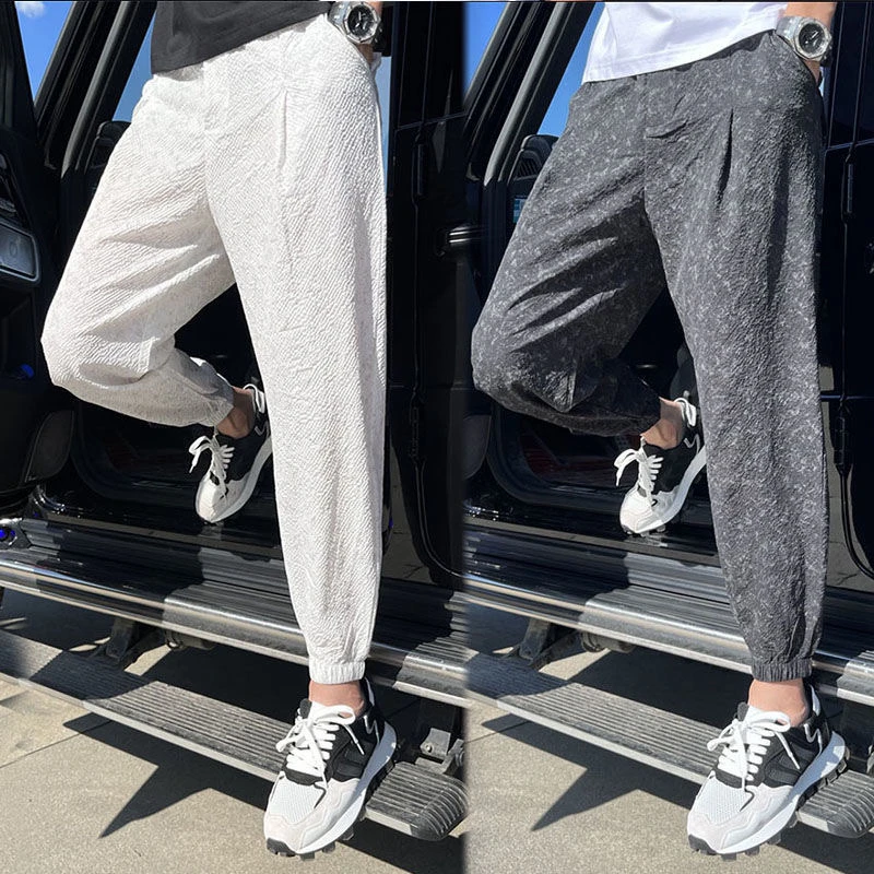 网红潮男简约九分裤夏季薄款休闲裤修身修身速干束脚裤纯色哈伦裤