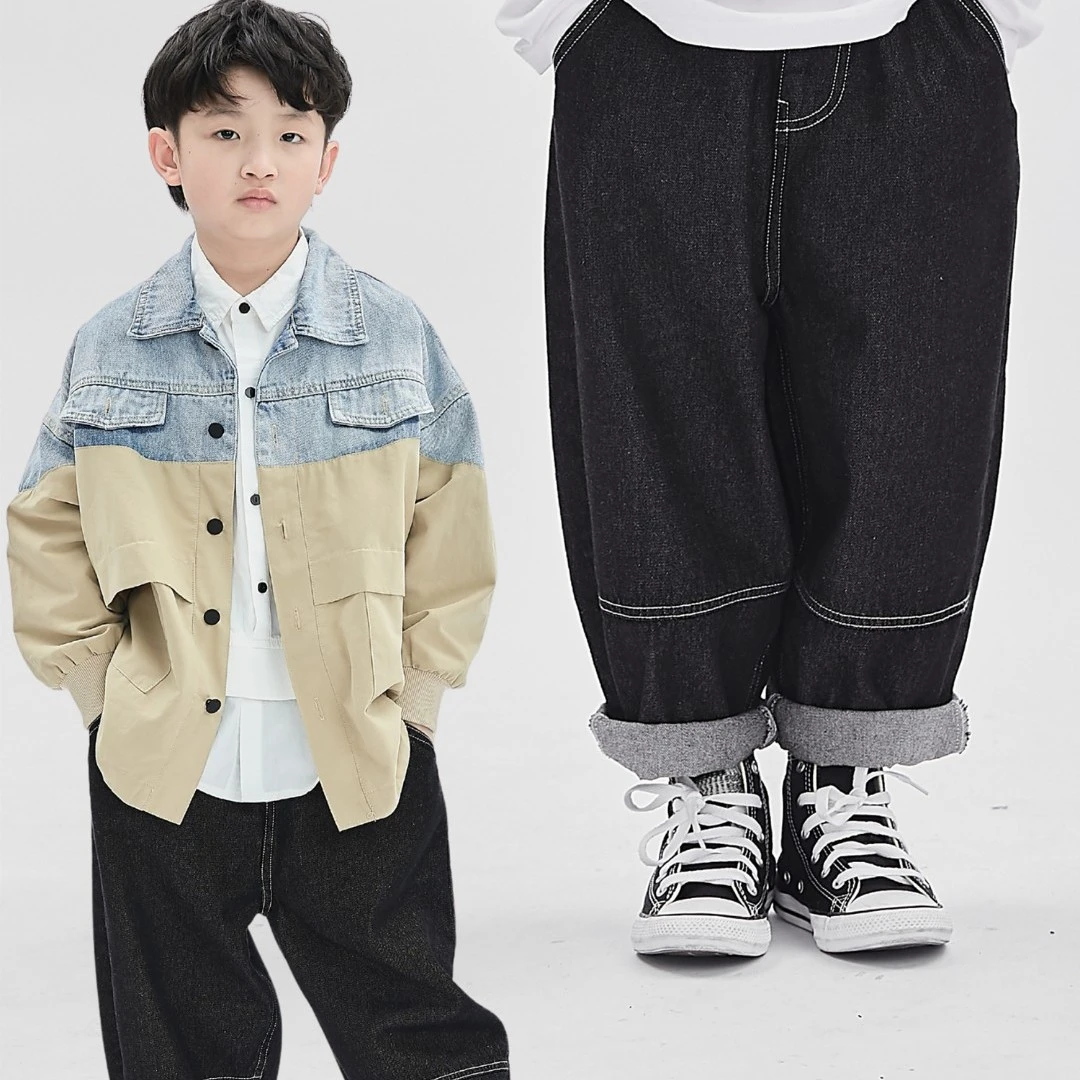 MT原创童装日系个性小众男童牛仔裤长裤儿童休闲裤黑色宽松裤子潮