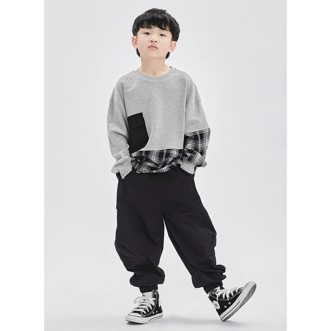 MT原创童装男童薄款拼接袖套头卫衣儿童日系简约圆领百搭长袖打底