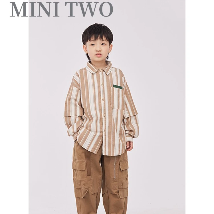 MT原创童装日系男童卡其色竖条纹长袖衬衫儿童春秋款痞帅衬衣外套