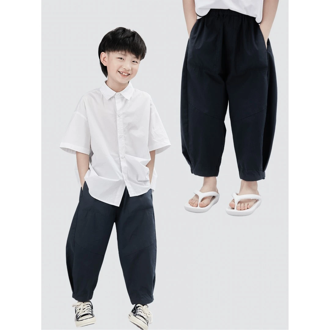 MT原创童装男童日系藏黑九分裤夏季薄款宽松儿童运动裤洋气长裤子