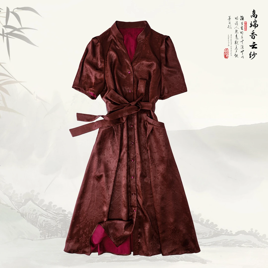 【紫檀蔷薇花】陌妆新款香云纱桑蚕丝V领设计感褶皱连衣裙AZ,419387