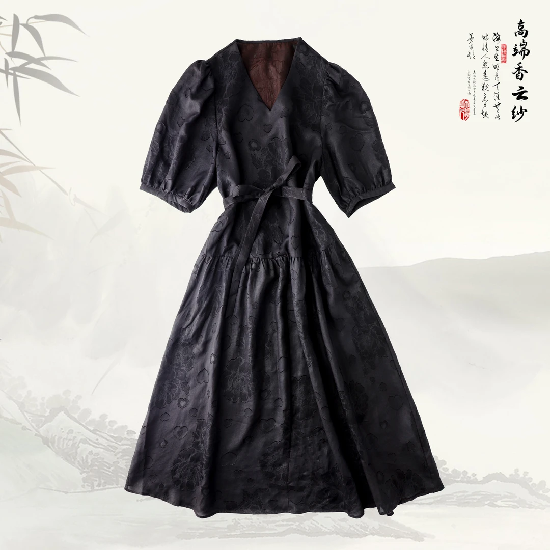 【紫檀莨纱大摆裙】陌妆品牌时尚新款香云纱V领泡泡袖连衣裙42007