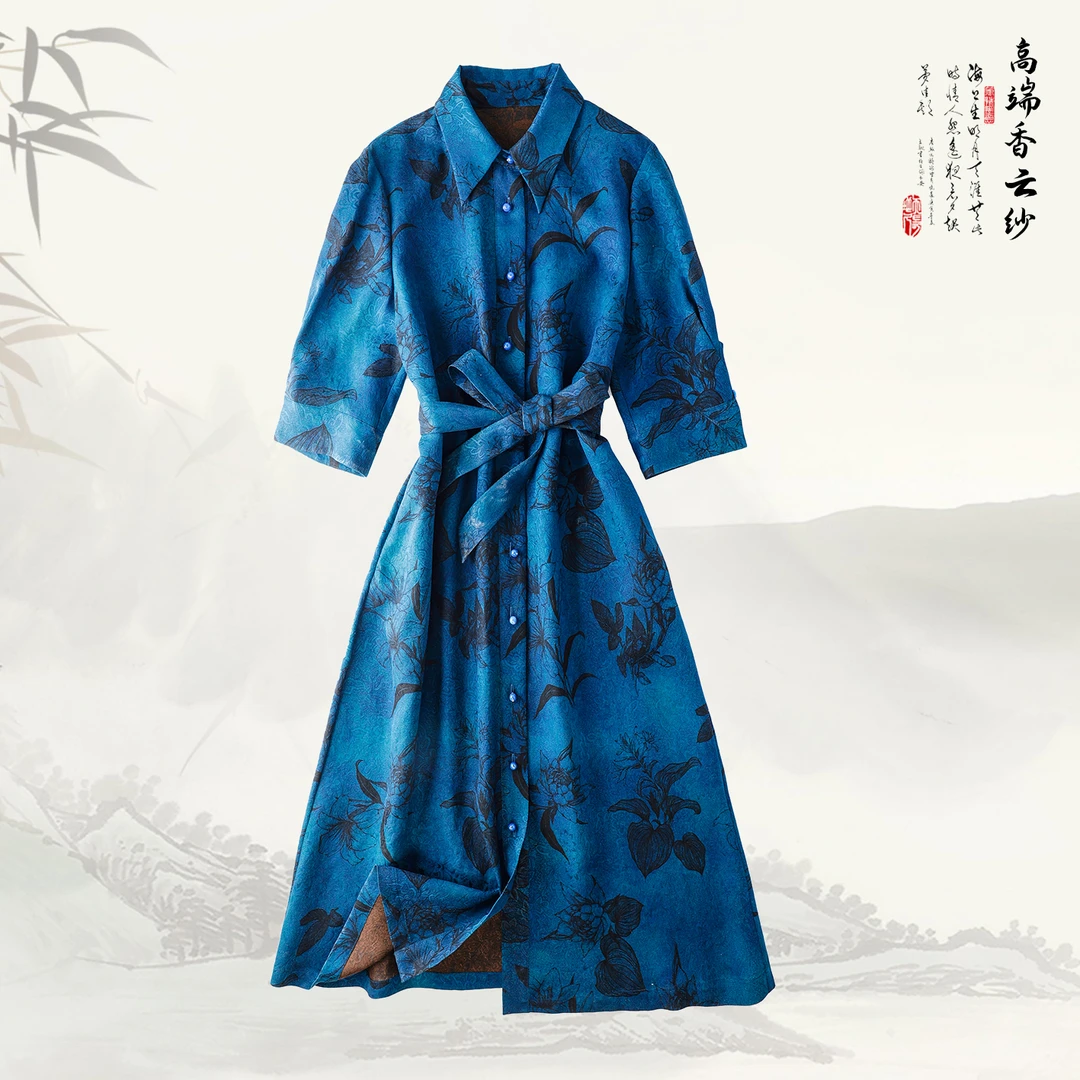 【手绘星空蓝】陌妆新款古法手织罗香云纱翻领休闲连衣裙AZ,419322