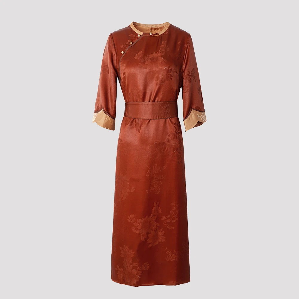 品牌新款香云纱圆领提花纯色气质长款连衣裙AZ,32362