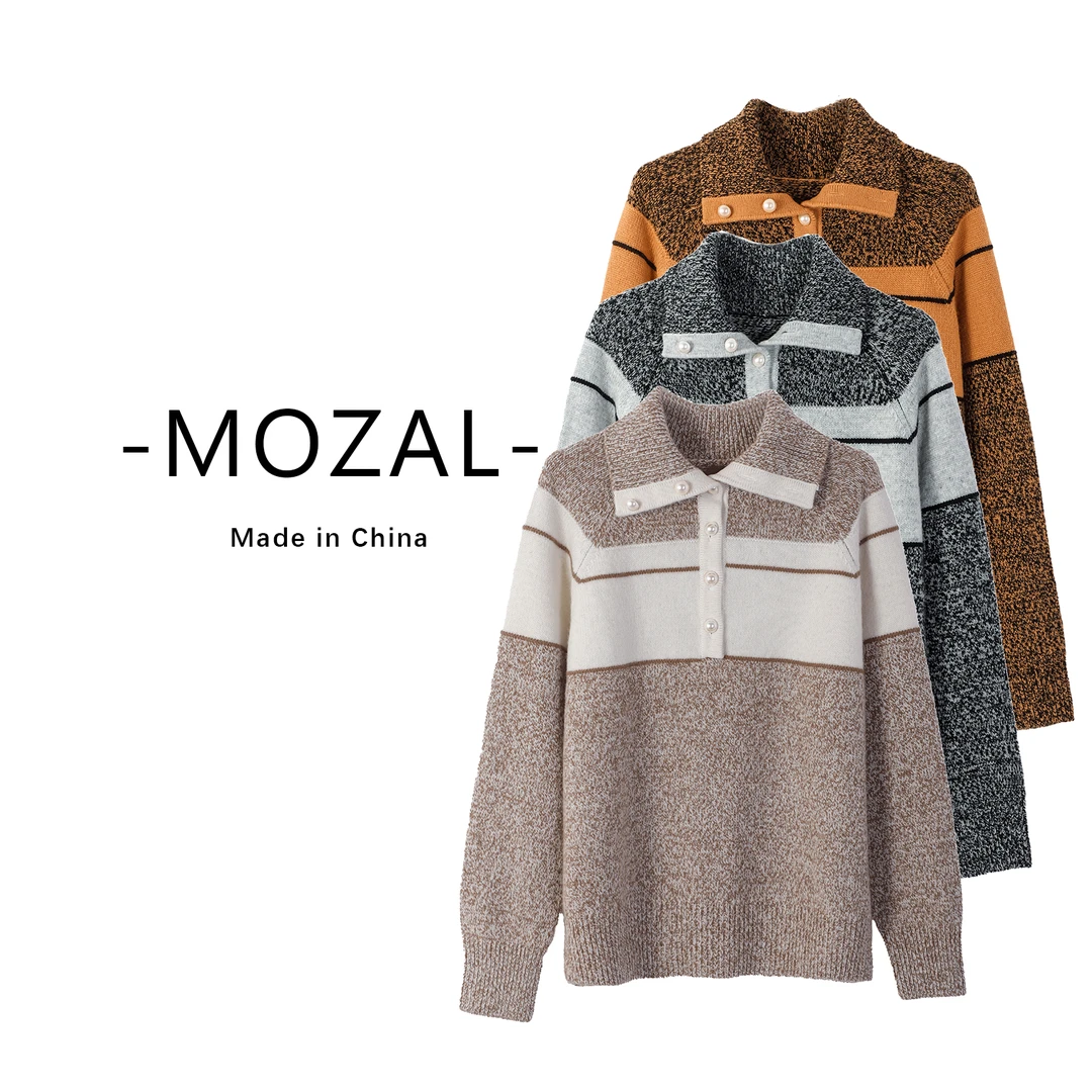 品牌新款撞色条纹翻领珍珠扣宽松针织毛衣33336