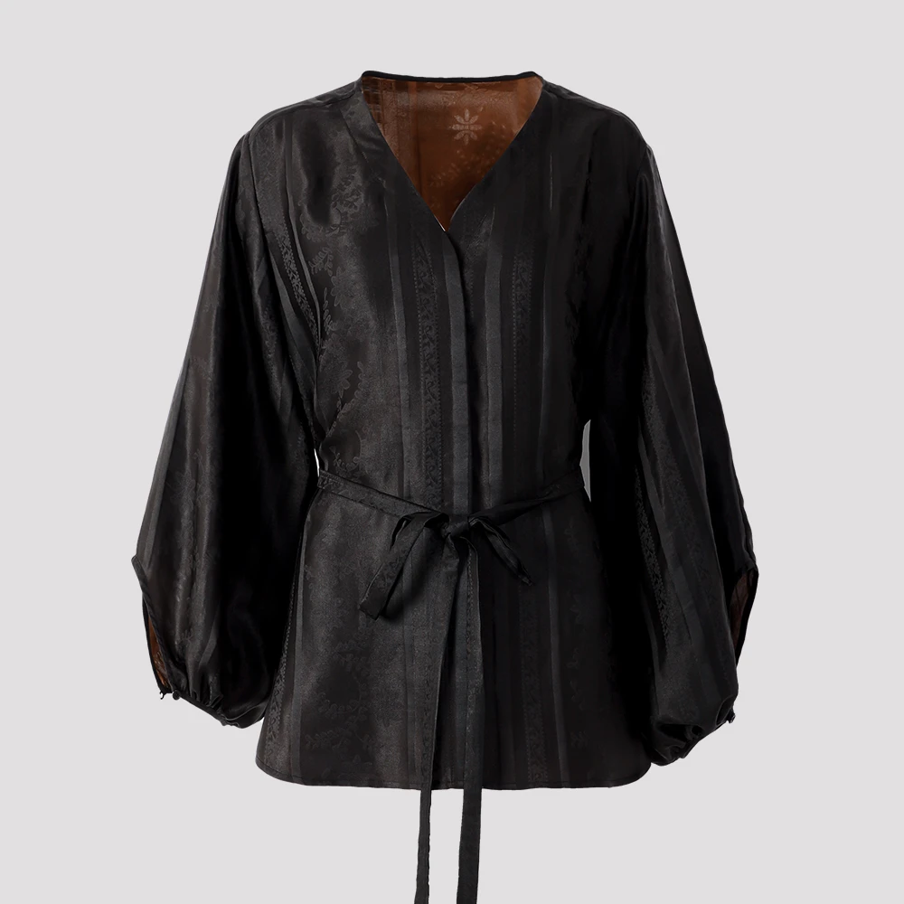 陌妆真丝香云纱上衣品牌新款春季服饰V领竖条提花气质上衣31305