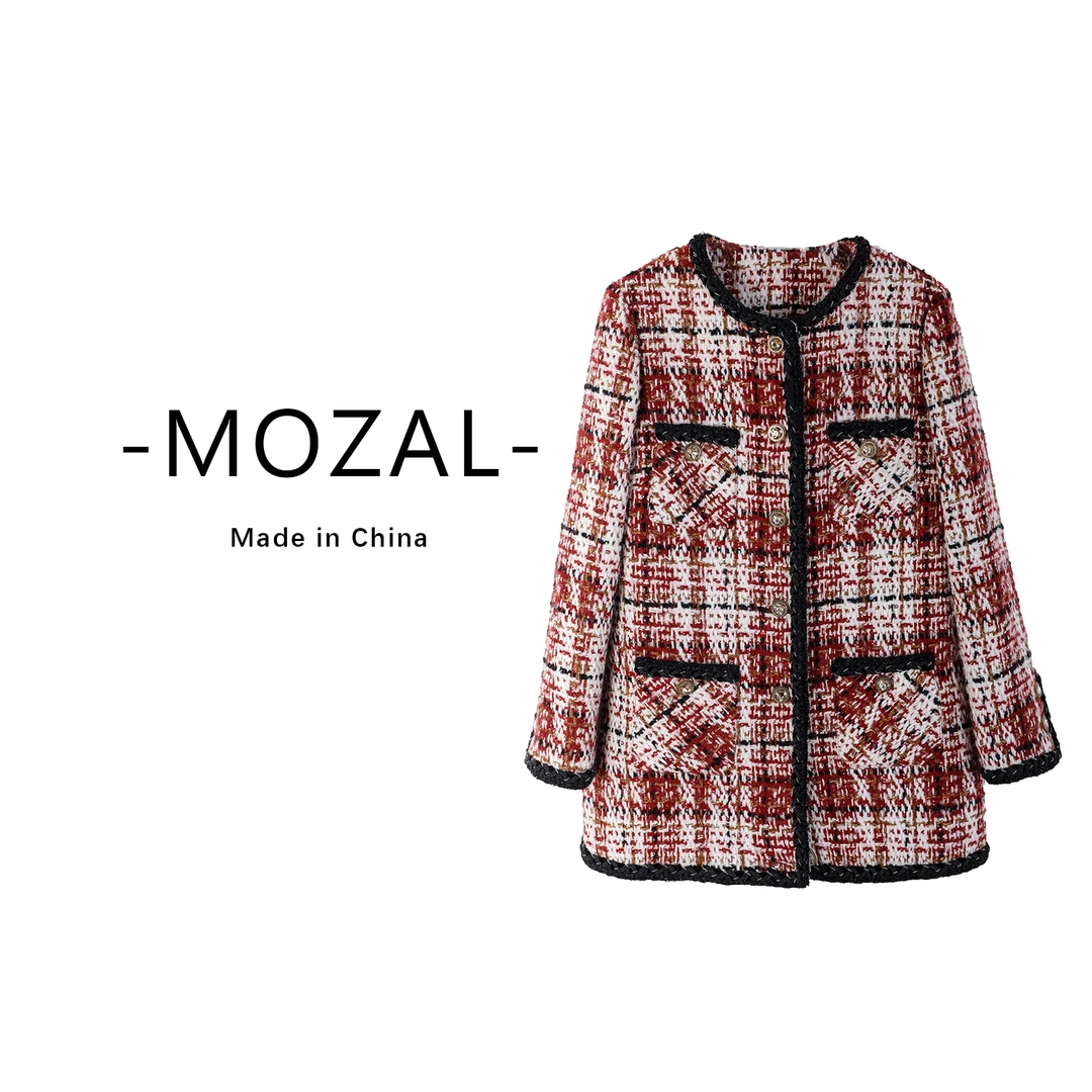 【红格纹】品牌新款圆领撞色拼接长袖小香风中长款外套339154