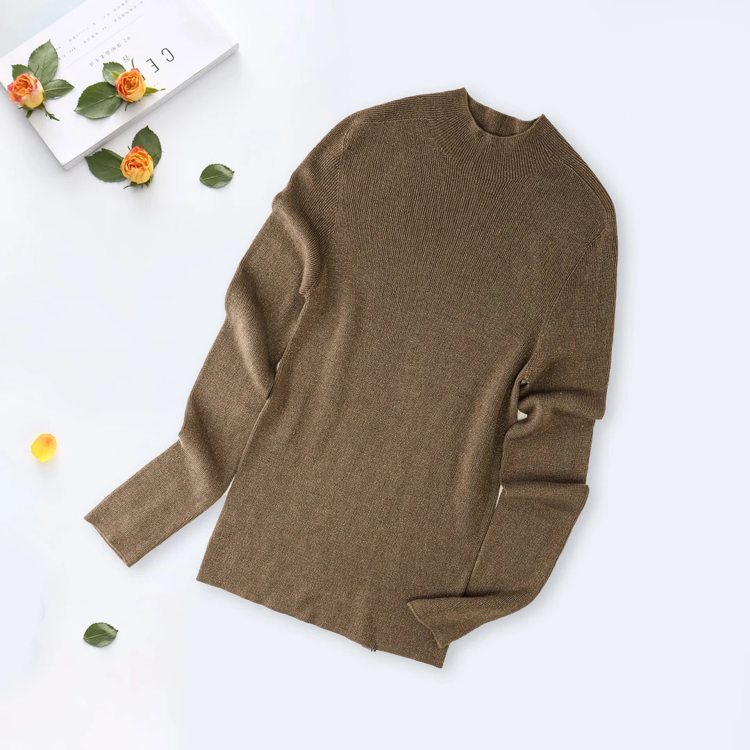 品牌新款百搭休闲精纺金丝中领弹力衫43638