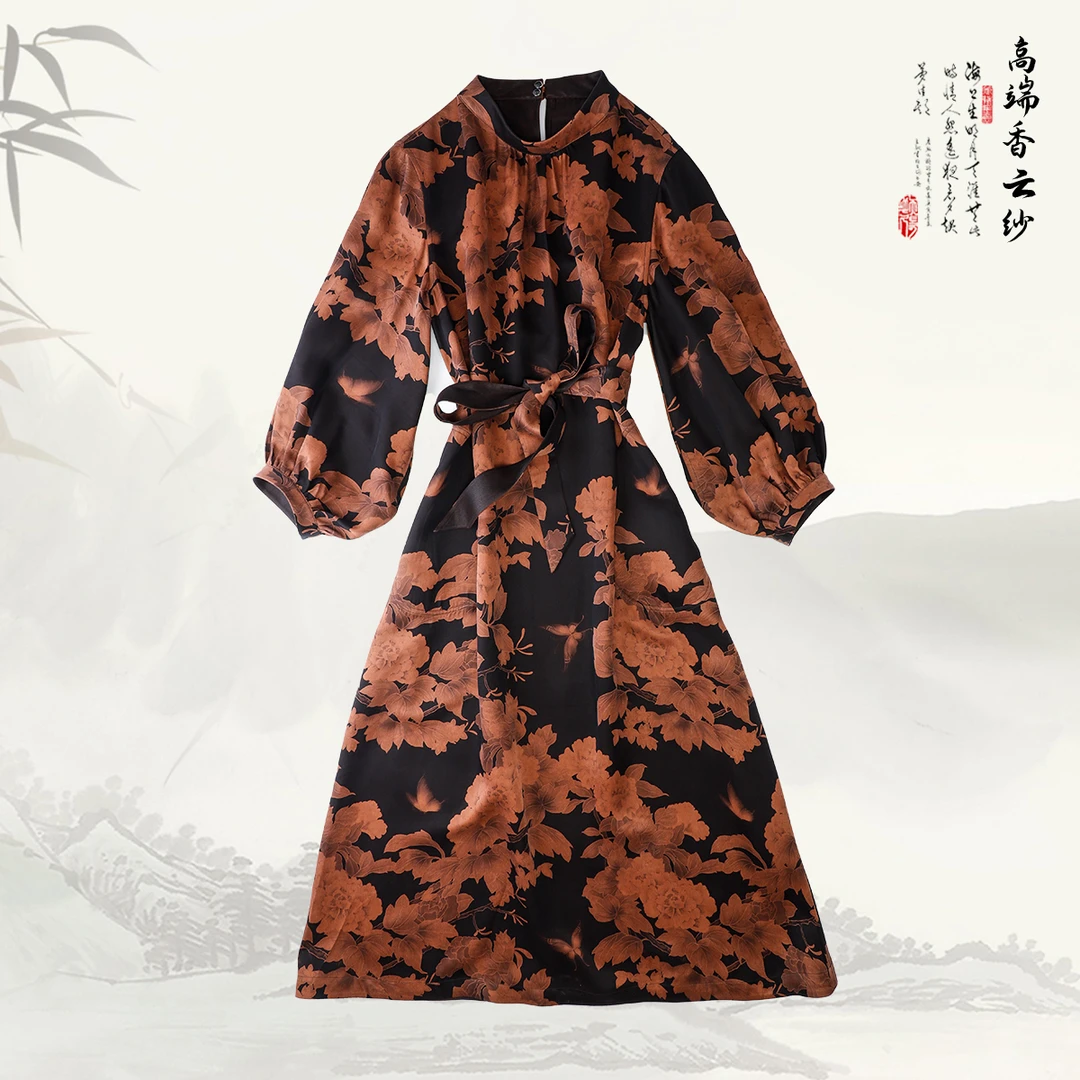 【牡丹亭.花月】新款双面穿香云纱国风新中式中袖圆领连衣裙436147