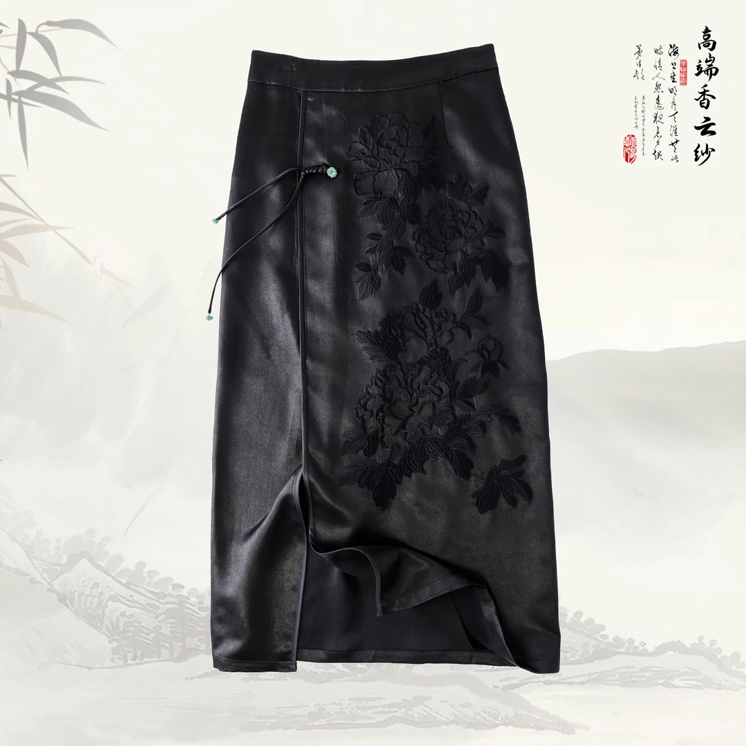 品牌新款香云纱桑蚕丝盘扣刺绣半身裙子419299