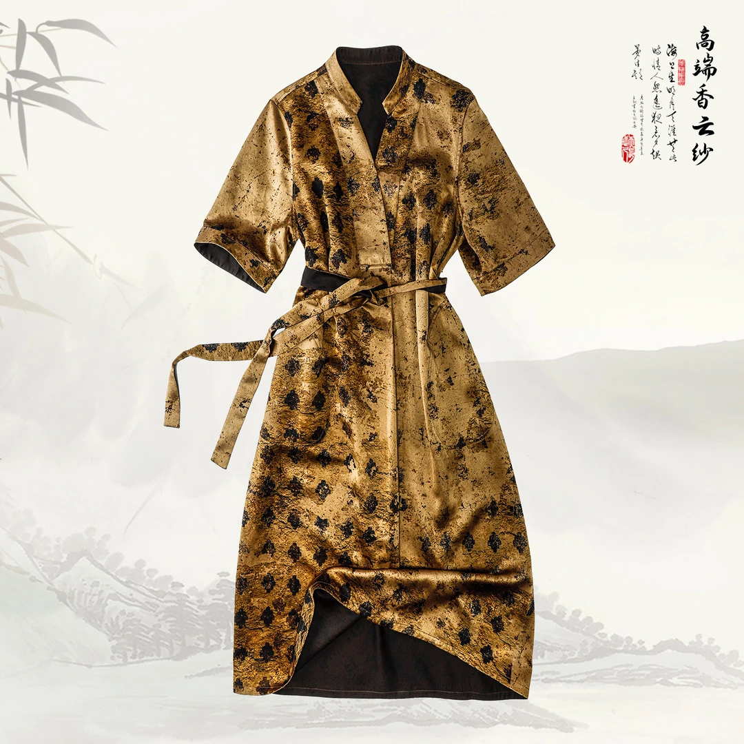 【岁月流金】品牌新款香云纱桑蚕丝重磅短袖连衣裙429498