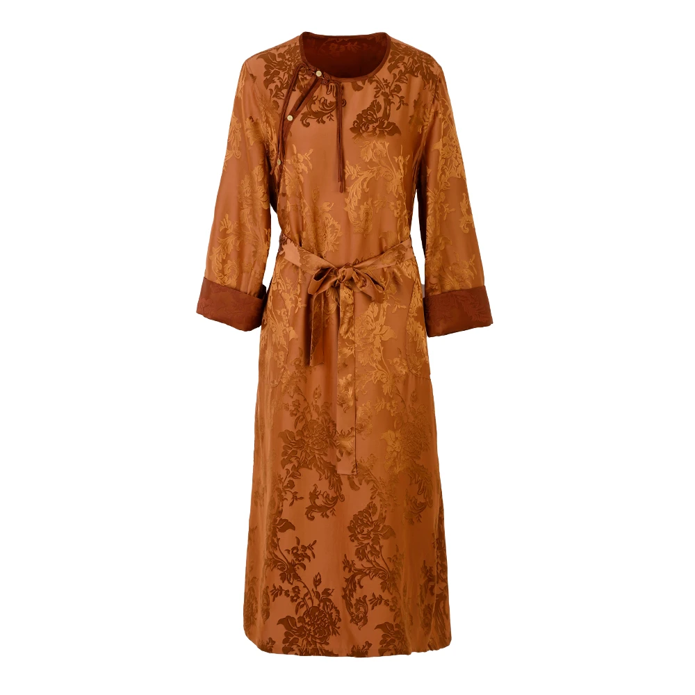 【单色锦】品牌新款桑蚕丝香云纱圆领提花盘扣连衣裙333727