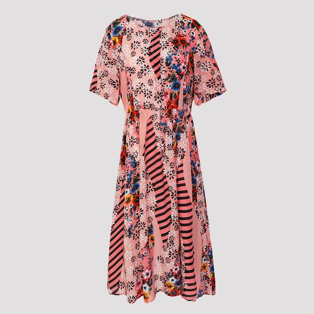 桑蚕丝女装真丝连衣裙夏季圆领印花宽松短袖碎花中长裙32937