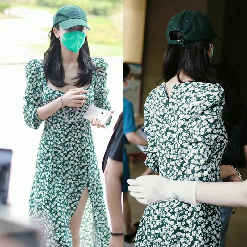 迪丽热巴同款绿色连衣裙方领法式复古雪纺碎花开叉女裙子春夏长袖