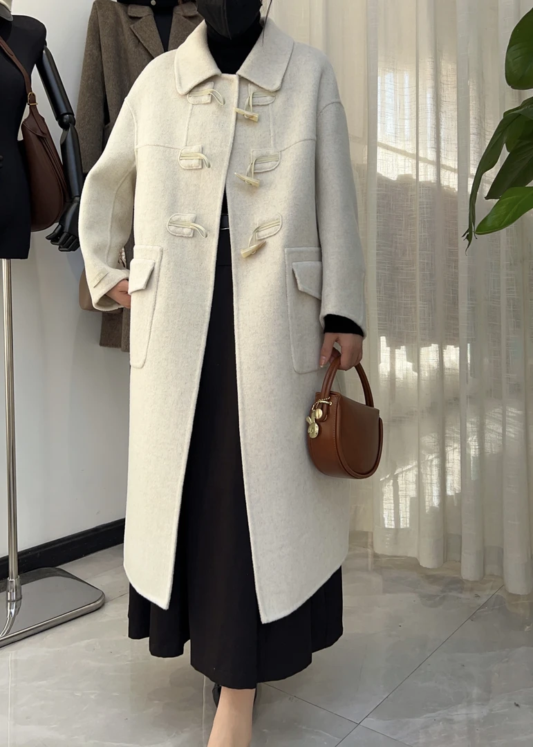 【306】秋冬新款韩版气质感牛角扣羊毛大衣外套长款