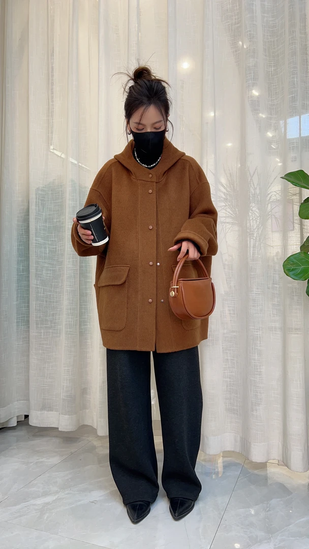 【新款/连帽款】2024秋冬时髦百搭韩版绵羊毛大衣中长款外套23861