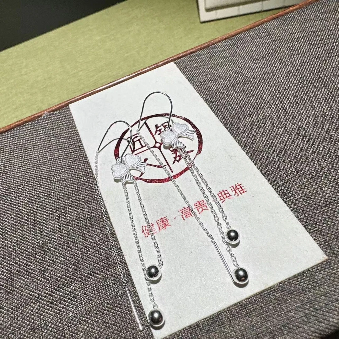 铭铭有你 足银耳饰 爱心蝴蝶结流苏带光珠防丢耳线