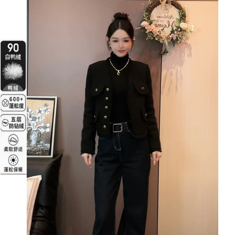 【90白鸭绒】秋冬新款洋气经典百搭黑色气质小香风加厚羽绒服外套