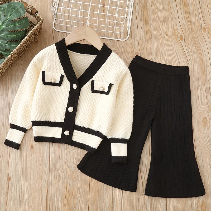 女童毛衣套装针织两件套2024秋冬新款女宝喇叭裤毛线衣开衫外套