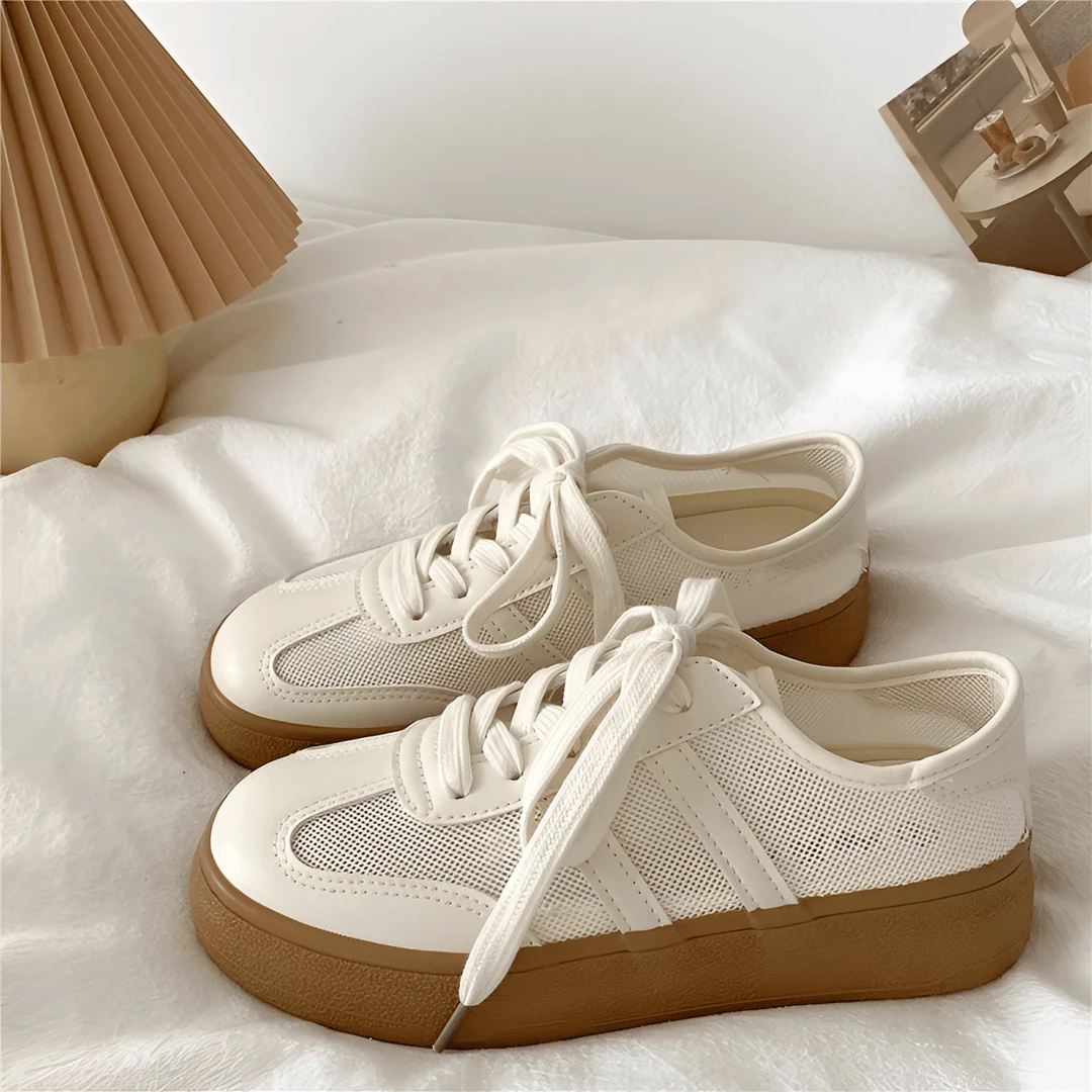 【万达撤柜】奶茶色透气小白鞋网面夏季学生休闲板鞋女士厚底帆布鞋