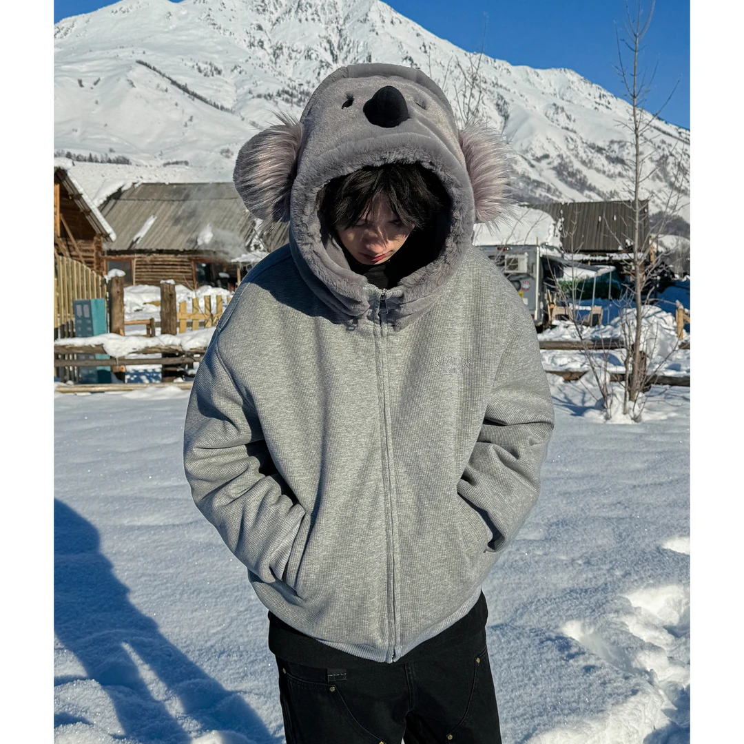 聪明陈【冬日考拉】秋冬新款字母刺绣连帽卫衣外套男宽松加厚棉服开