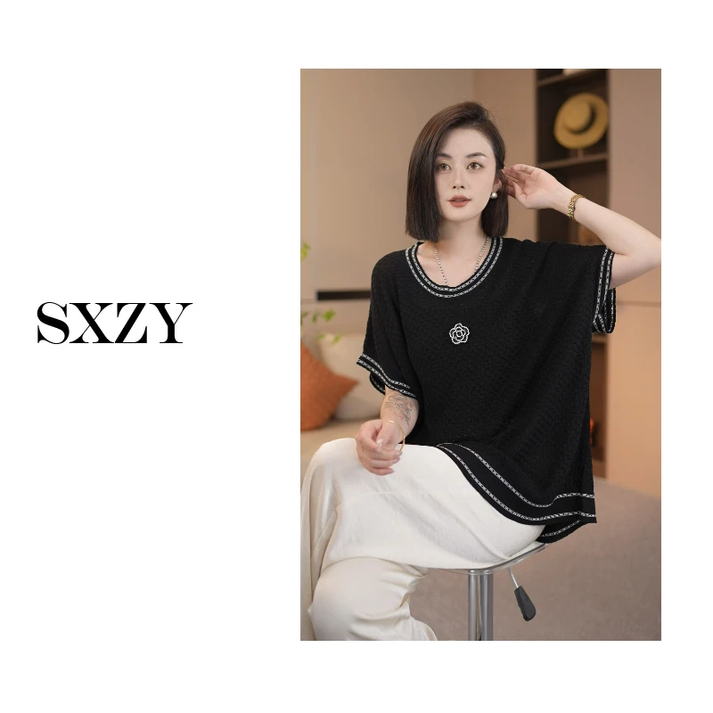 ‘SXZY’夏季轻奢撞色圆领山茶花刺绣短袖上衣