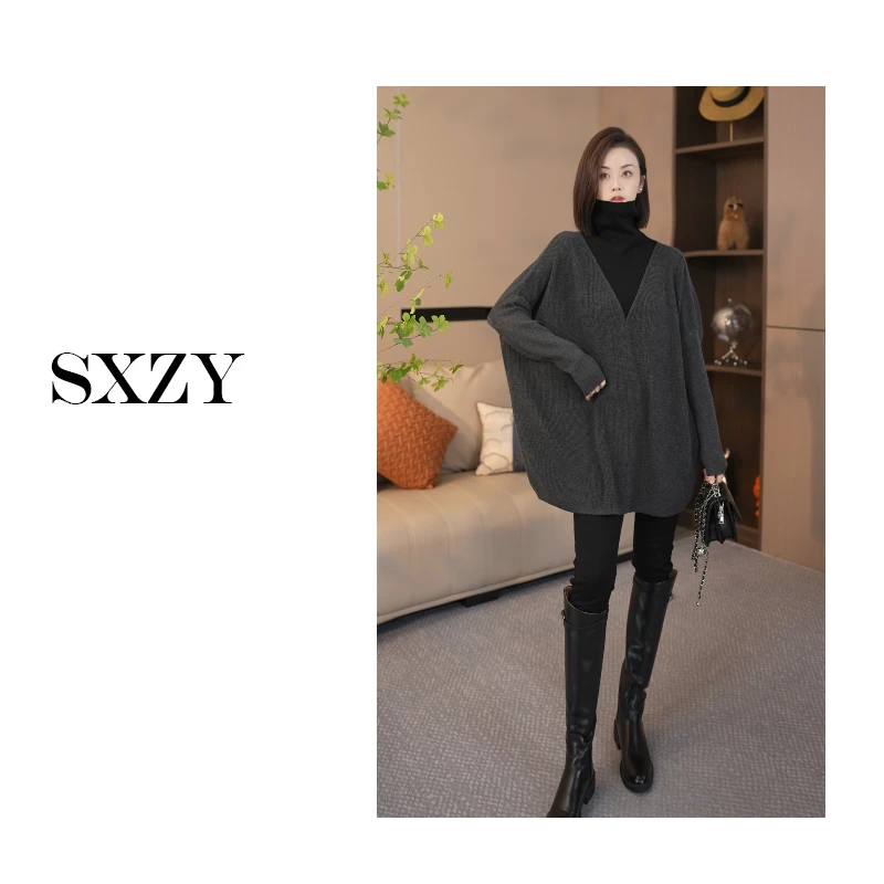 ‘SXZY’假两件设计师款气质显瘦慵懒风秋冬针织套头毛衣